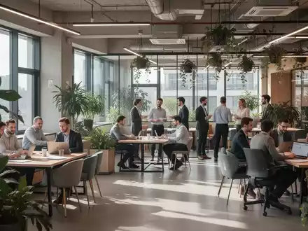 Ein modernes Coworking-Büro mit verschiedenen Arbeitsbereichen, Menschen, die an Laptops arbeiten, sich treffen und vernetzen. - Foto: über boerse-global.de