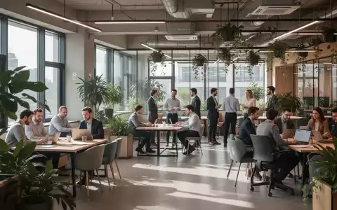 Ein modernes Coworking-Büro mit verschiedenen Arbeitsbereichen, Menschen, die an Laptops arbeiten, sich treffen und vernetzen. - Foto: über boerse-global.de