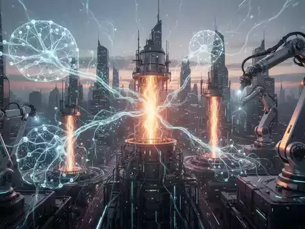 Eine futuristische Stadtlandschaft bei Sonnenuntergang, mit abstrakten Darstellungen von KI, Kernfusion und Robotik, die Innovation symbolisieren. - Foto: über boerse-global.de