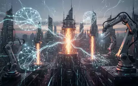 Eine futuristische Stadtlandschaft bei Sonnenuntergang, mit abstrakten Darstellungen von KI, Kernfusion und Robotik, die Innovation symbolisieren. - Foto: über boerse-global.de