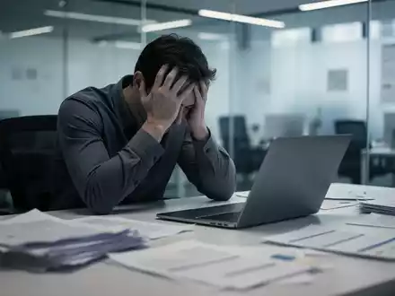 Eine Person sitzt allein an einem Schreibtisch in einem modernen Büro, den Kopf in den Händen, umgeben von Dokumenten und einem Laptop. - Foto: über boerse-global.de
