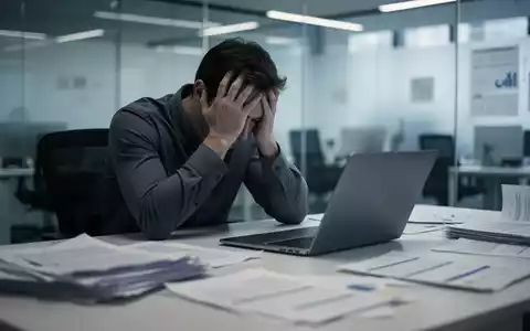 Eine Person sitzt allein an einem Schreibtisch in einem modernen Büro, den Kopf in den Händen, umgeben von Dokumenten und einem Laptop. - Foto: über boerse-global.de