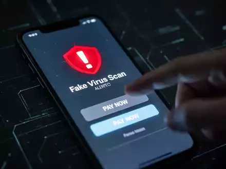 Nahaufnahme eines Smartphone-Bildschirms mit einer gefälschten Virenwarnung und einer Hand, die zögernd eine Zahlung tätigen will. - Foto: über boerse-global.de