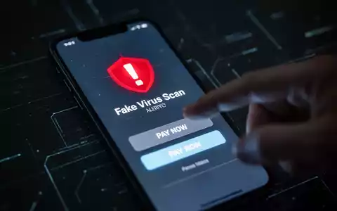 Nahaufnahme eines Smartphone-Bildschirms mit einer gefälschten Virenwarnung und einer Hand, die zögernd eine Zahlung tätigen will. - Foto: über boerse-global.de