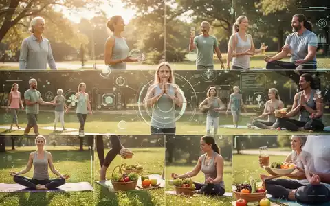 Eine vielfältige Gruppe von Menschen, die sich an gesunden Lebensstilaktivitäten im Freien beteiligen, mit subtilen digitalen Gesundheitselementen. - Foto: über boerse-global.de