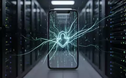 Ein Smartphone-Bildschirm zeigt abstrakte, leuchtende Linien und Binärcode, während im Hintergrund ein unscharfer Serverraum zu sehen ist. - Foto: über boerse-global.de