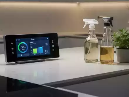 Eine moderne Küche mit einem Smart-Home-Panel, das Energiedaten anzeigt, neben traditionellen Reinigungsmitteln wie Essig und einer Pflanze. - Foto: über boerse-global.de