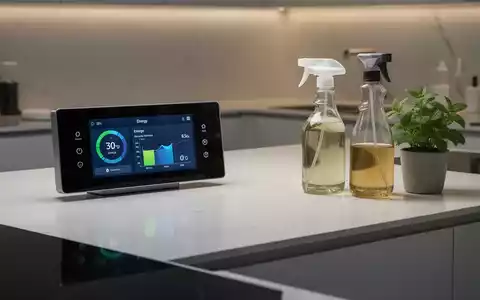 Eine moderne Küche mit einem Smart-Home-Panel, das Energiedaten anzeigt, neben traditionellen Reinigungsmitteln wie Essig und einer Pflanze. - Foto: über boerse-global.de
