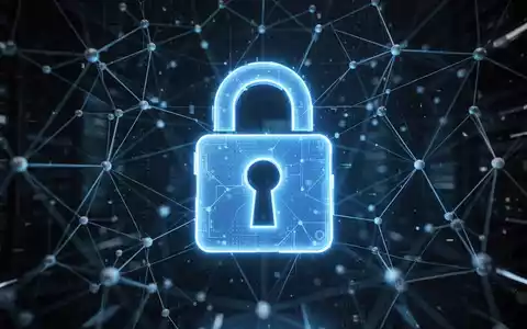 Ein stilisiertes, leuchtend blaues Vorhängeschloss-Symbol über einem digitalen Netzwerk von Linien und Knoten, vor dunklem Hintergrund. - Foto: über boerse-global.de