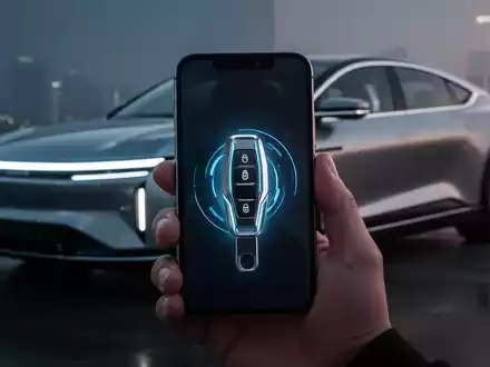 Ein iPhone-Bildschirm mit futuristischem Autoschlüssel-Symbol, gehalten von einer Hand, im Hintergrund ein modernes Elektroauto. - Foto: über boerse-global.de