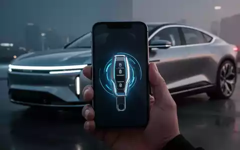 Ein iPhone-Bildschirm mit futuristischem Autoschlüssel-Symbol, gehalten von einer Hand, im Hintergrund ein modernes Elektroauto. - Foto: über boerse-global.de
