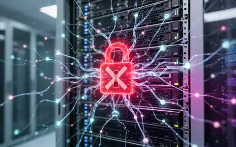 Ein rotes digitales Vorhängeschloss, das in ein komplexes, leuchtendes neuronales Netz auf einem Server-Rack integriert ist. - Foto: über boerse-global.de