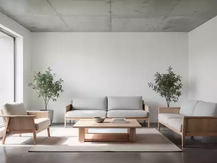 Ein minimalistisches Wohnzimmer mit einer freigelegten Beton-Kassettendecke, hellen Holzmöbeln und viel natürlichem Licht. - Foto: über boerse-global.de