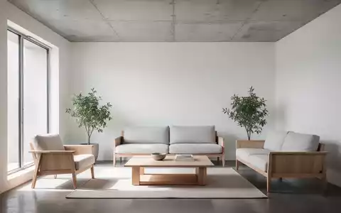 Ein minimalistisches Wohnzimmer mit einer freigelegten Beton-Kassettendecke, hellen Holzmöbeln und viel natürlichem Licht. - Foto: über boerse-global.de