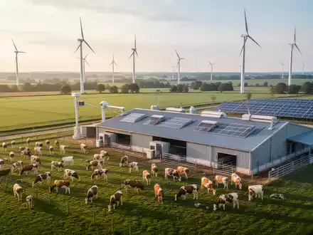 Blick auf eine moderne, nachhaltige Tierfarm in der EU mit innovativer Technologie, Windturbinen und gesunden Tieren. - Foto: über boerse-global.de