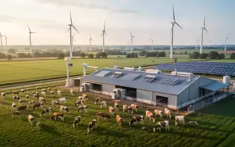 Blick auf eine moderne, nachhaltige Tierfarm in der EU mit innovativer Technologie, Windturbinen und gesunden Tieren. - Foto: über boerse-global.de