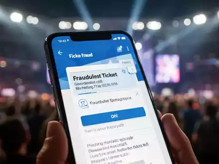 Ein Smartphone-Bildschirm zeigt eine betrügerische Website oder Phishing-E-Mail, im Hintergrund verschwommen Stadionlichter oder eine Festivalmenge. - Foto: über boerse-global.de