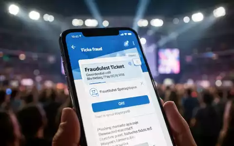 Ein Smartphone-Bildschirm zeigt eine betrügerische Website oder Phishing-E-Mail, im Hintergrund verschwommen Stadionlichter oder eine Festivalmenge. - Foto: über boerse-global.de