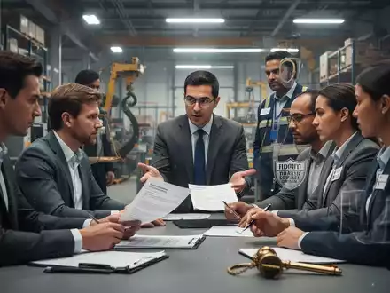 Mitarbeiter und ein Betriebsrat in einem modernen Büro, die Dokumente prüfen und diskutieren, symbolisch für Arbeitnehmerrechte und Kündigungsschutz. - Foto: über boerse-global.de