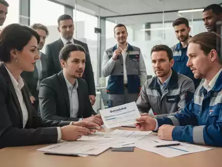 Eine Gruppe von Menschen, die in einem modernen Büro um einen Tisch versammelt sind, einige in Geschäftskleidung, andere in Arbeitskleidung. Eine Person, die ein Betriebsratsmitglied darstellt, bespricht Dokumente mit einer anderen Person, die Arbeitsschutz und Mitbestimmung symbolisiert. - Foto: über boerse-global.de