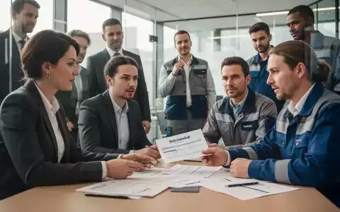 Eine Gruppe von Menschen, die in einem modernen Büro um einen Tisch versammelt sind, einige in Geschäftskleidung, andere in Arbeitskleidung. Eine Person, die ein Betriebsratsmitglied darstellt, bespricht Dokumente mit einer anderen Person, die Arbeitsschutz und Mitbestimmung symbolisiert. - Foto: über boerse-global.de