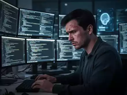 Ein erschöpfter Softwareentwickler sitzt in einem dunklen Büro vor mehreren Bildschirmen mit Code, was die KI-bedingte Erschöpfung darstellt. - Foto: über boerse-global.de
