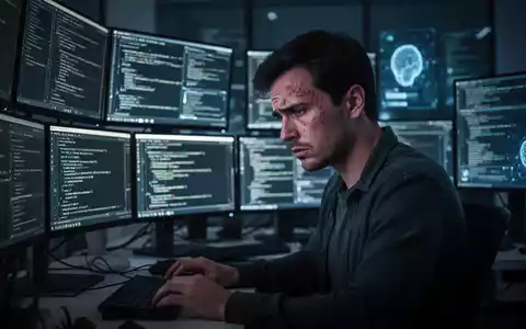 Ein erschöpfter Softwareentwickler sitzt in einem dunklen Büro vor mehreren Bildschirmen mit Code, was die KI-bedingte Erschöpfung darstellt. - Foto: über boerse-global.de