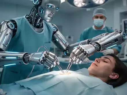 Humanoides Robot mit blauen Akzenten führt präzise OP im sterilen Saal durch, beobachtet von Chirurg. - Foto: über boerse-global.de
