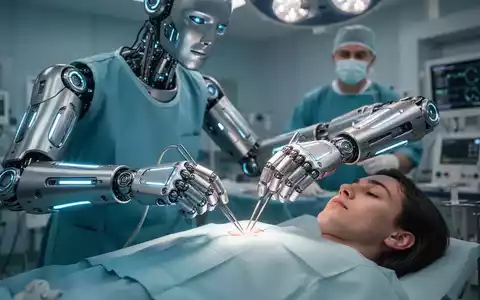Humanoides Robot mit blauen Akzenten führt präzise OP im sterilen Saal durch, beobachtet von Chirurg. - Foto: über boerse-global.de