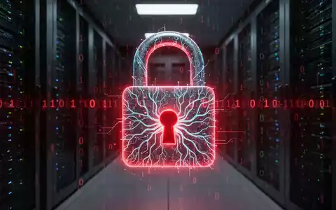 Ein stilisiertes digitales Vorhängeschloss, das von leuchtenden neuronalen Netzwerkmustern und binärem Code umgeben ist, in einem dunklen Serverraum. - Foto: über boerse-global.de