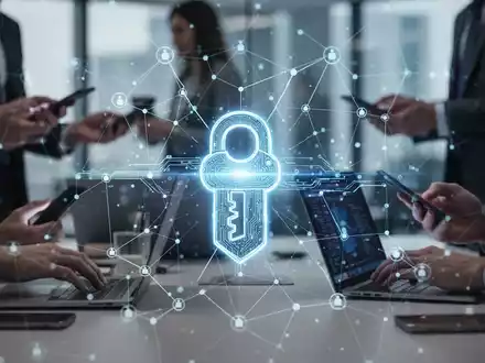 Glühendes digitales Passkey-Symbol über einem Netzwerk von Knoten, unscharfe Personen mit Geräten in einem modernen Büro, symbolisiert Cybersicherheit. - Foto: über boerse-global.de