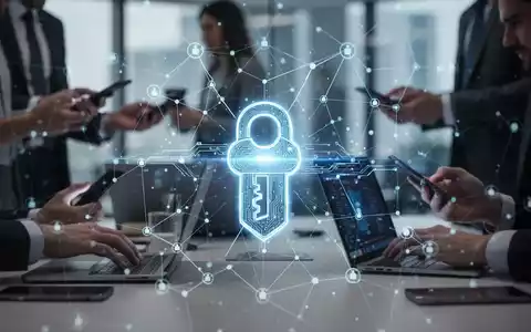 Glühendes digitales Passkey-Symbol über einem Netzwerk von Knoten, unscharfe Personen mit Geräten in einem modernen Büro, symbolisiert Cybersicherheit. - Foto: über boerse-global.de
