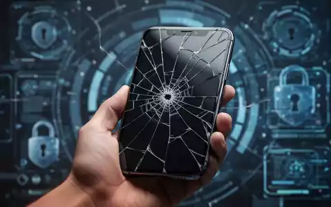 Eine Hand hält ein modernes Smartphone mit gesprungenem Bildschirm vor einem unscharfen Hintergrund digitaler Sicherheitselemente. - Foto: über boerse-global.de