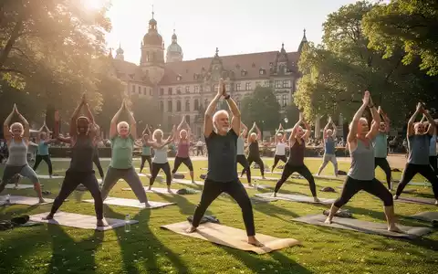 Eine diverse Gruppe von Menschen praktiziert Yoga im Freien in einem deutschen Park mit historischer Architektur im Hintergrund. - Foto: über boerse-global.de