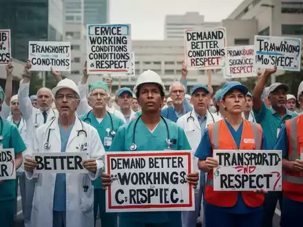 Eine vielfältige Gruppe von Arbeitnehmern aus dem Gesundheitswesen, Verkehr und Dienstleistungssektor demonstriert für bessere Arbeitsbedingungen. - Foto: über boerse-global.de