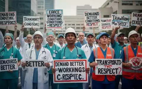 Eine vielfĂ€ltige Gruppe von Arbeitnehmern aus dem Gesundheitswesen, Verkehr und Dienstleistungssektor demonstriert fĂŒr bessere Arbeitsbedingungen. - Foto: ĂŒber boerse-global.de