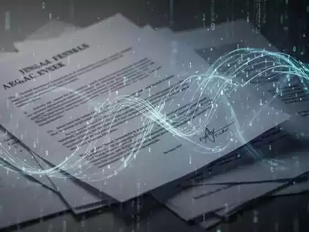 Abstrakte Darstellung von Rechtsdokumenten, die sich mit digitalen Datenströmen und KI-Elementen verbinden, symbolisierend Rechtssicherheit und Technologie. - Foto: über boerse-global.de