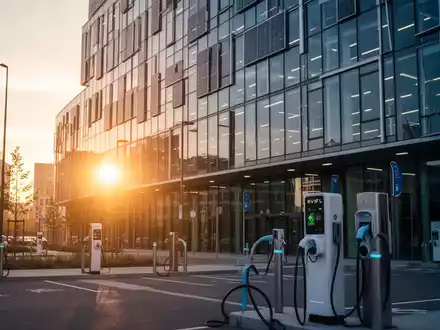 Moderne, energieeffiziente Fassade eines öffentlichen Gebäudes mit Ladestationen für Elektrofahrzeuge im Vordergrund. - Foto: über boerse-global.de