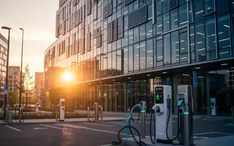 Moderne, energieeffiziente Fassade eines öffentlichen Gebäudes mit Ladestationen für Elektrofahrzeuge im Vordergrund. - Foto: über boerse-global.de