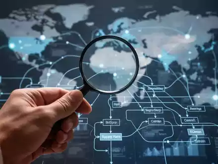 Eine Hand hält eine Lupe über ein komplexes Flussdiagramm, das Lieferketten und globale Verbindungen darstellt. - Foto: über boerse-global.de