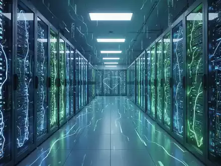 Ein modernes Rechenzentrum mit Reihen von Server-Racks, die von blauen und grünen Lichtern beleuchtet werden, symbolisiert Energieeffizienz und KI-Stromverbrauch. - Foto: über boerse-global.de