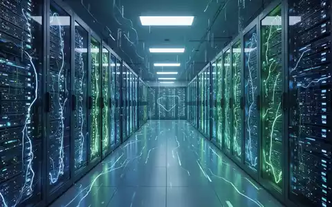 Ein modernes Rechenzentrum mit Reihen von Server-Racks, die von blauen und grünen Lichtern beleuchtet werden, symbolisiert Energieeffizienz und KI-Stromverbrauch. - Foto: über boerse-global.de