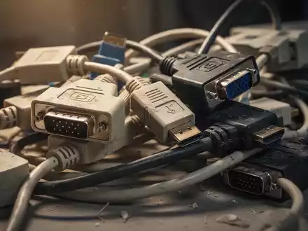 Ein Durcheinander aus alten Computerkabeln, Adaptern (VGA, HDMI, DisplayPort) und veralteten Hardwarekomponenten. - Foto: über boerse-global.de