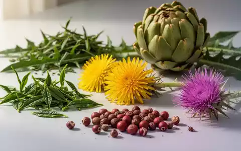 Pflanzliche Inhaltsstoffe für Detox-Produkte wie grüner Tee, Löwenzahn, Guarana, Artischocke und Mariendistel ästhetisch arrangiert. - Foto: über boerse-global.de