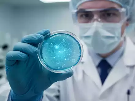 Nahaufnahme eines Wissenschaftlers im Labor, der eine Petrischale mit einer blauen Substanz hält, die eine bahnbrechende Therapie symbolisiert. - Foto: über boerse-global.de