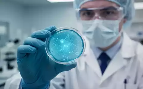 Nahaufnahme eines Wissenschaftlers im Labor, der eine Petrischale mit einer blauen Substanz hält, die eine bahnbrechende Therapie symbolisiert. - Foto: über boerse-global.de