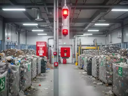 Eine moderne Recyclinganlage mit sortierten Materialien und sichtbaren Brandschutzeinrichtungen. - Foto: über boerse-global.de