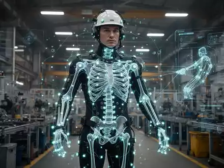 Ein Fabrikarbeiter in einem Motion-Capture-Anzug, bei dem eine digitale Skelettverfolgung seine Bewegungen analysiert. - Foto: über boerse-global.de