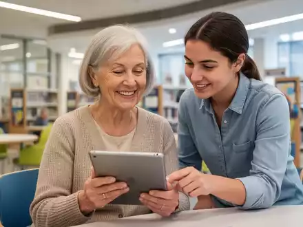 Eine ältere Frau lächelt, während sie ein Tablet benutzt, unterstützt von einer jüngeren Person in einem modernen Raum. - Foto: über boerse-global.de