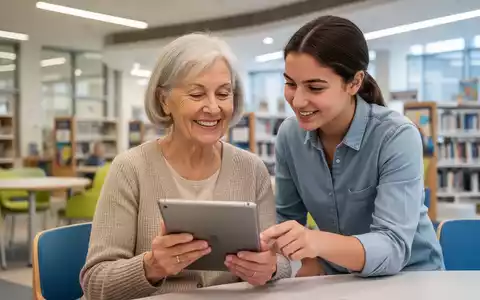 Eine ältere Frau lächelt, während sie ein Tablet benutzt, unterstützt von einer jüngeren Person in einem modernen Raum. - Foto: über boerse-global.de